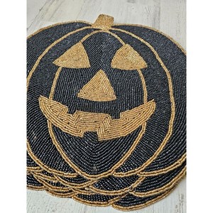 Handmade Beaded Pumpkin Placemat Round Fabric <b>Table</b> Mat Novelty Halloween Decoration 450mm Diameter - Product Image 1
