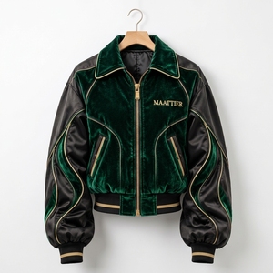 Chaqueta bomber de terciopelo verde para hombre con mangas de imitación cuero negro, ribetes dorados, estilo retro de lujo, con cremallera, personalizada, al por mayor. - Product Image 5