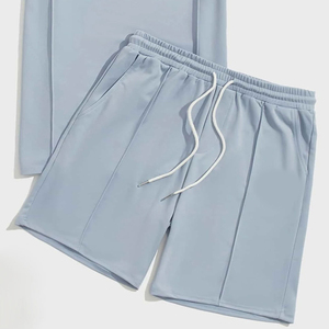 Ensemble t-shirt et short bleu clair pour homme, col rond, couleur unie, tenue décontractée, vêtements en tricot à séchage rapide, ensemble d'été pour homme en solde - Product Image 3