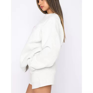 Custom Logo Women <b>White</b> Oversized Sweatshirt and Shorts <b>Set</b> Casual Two <b>Piece</b> Lounge <b>Set</b> Cotton Fleece Tracksuit Blank Crew Neck - Product Image 2