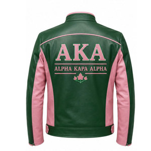 Chaqueta Bomber de Cuero PU Bordada Alpha Kappa Alpha AKA, Verde y Rosa, Estilo Moto, Cierre de Cremallera, Unisex, para Otoño - Product Image 3
