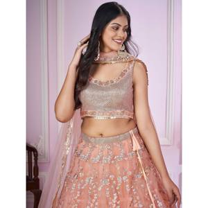 Magnifique Lehenga Choli en tulle souple à sequins couleur pêche pour mariage - Product Image 4