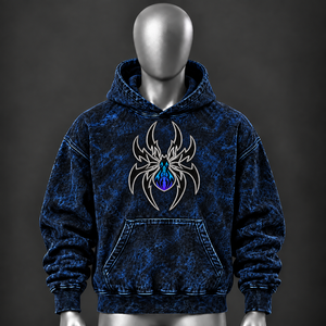 Sudadera con Capucha Azul para Hombre, Lavado Ácido, con Gráfico de Araña Personalizado, de Forro Polar, Estilo Oversize, Moda Urbana Casual, Venta al por Mayor OEM - Product Image 1