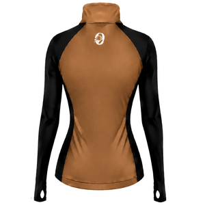 Camiseta Deportiva de Manga Larga con Cierre de Cremallera, Color Camel, Marrón y Negro, para Mujer, con Orificios para los Pulgares, Corte Ajustado, para Correr, Gimnasio, Fitness y Deportes - Product Image 2