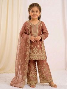 Designer GMY <b>Silk</b> <b>Kurta</b> Set Embroidery Sequence Work with Palazzo and Dupatta Ready to Wear Traditional Outfit for Women - Product Image 4