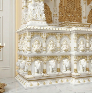 BAPS Style Teak Wood Temple With White Gold Finish Premium Solid Teak Wood <b>Mandir</b> Large Size South Indian Swaminarayan Temple UK - Product Image 5