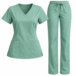 Slate <b>Blue</b> <b>Womens</b> Medical Scrub Set V Neck Short Sleeve Pocket Top Drawstring Straight Leg <b>Trousers</b> Nursing Uniform Clinic Wear - Product Image 2