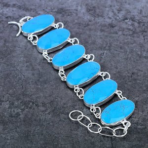 Bracelet en chaîne plaqué argent avec turquoise, style bohème, bijoux unisexe, 7-8 pouces, serti de pierres précieuses ovales, bracelet ethnique - Product Image 2