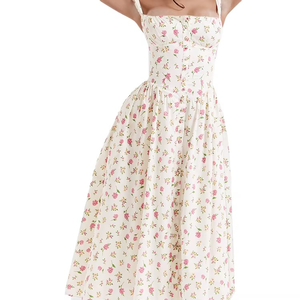Robe midi vintage florale d'été pour femmes, sans manches, col carré, volants, robe maxi style bohème, robe florale pour femmes - Product Image 2