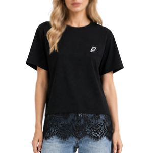 T-shirt personnalisé pour femme, coupe oversize, col rond, manches courtes, ourlet en dentelle, haut décontracté et tendance, en polyester doux et respirant - Product Image 1