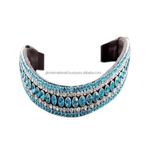 Diadema de cuero negro para caballo con cristales azules y blancos decorativos de 5 filas, personalizada, tallas personalizadas disponibles. - Product Image 1