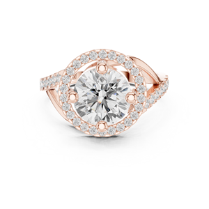 Anillo de compromiso de plata de ley chapado en oro rosa con moissanita redonda y halo de diamantes, con pavé de piedras y diseño bypass - Product Image 1