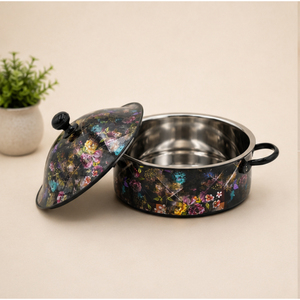 Casserole vintage en acier inoxydable émaillé à motif floral, chauffe-plat de luxe isotherme, plat de présentation pour desserts, idéal pour l'hôtellerie - Product Image 2