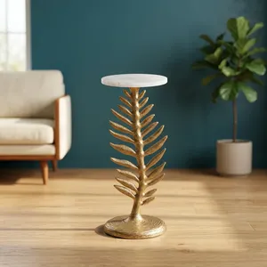 Table d'appoint moderne avec plateau rond en marbre et base en métal décorative en forme de feuille, meuble d'appoint de luxe pour la décoration du salon et de la chambre - Product Image 1