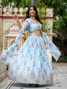 Ensemble indien pakistanais bleu floral, col en V, brodé, comprenant un lehenga, une blouse et un dupatta, taille princesse, manches trois quarts, pour mariée - Product Image 6