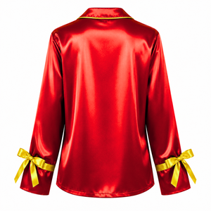 Ensemble de pyjama en satin pour femmes NSPDK, manches longues, boutonné, brodé, deux pièces, rouge avec bordure dorée, ensemble de détente - Product Image 3
