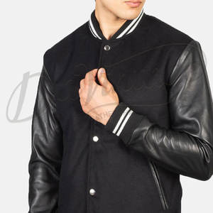 Veste universitaire noire personnalisée pour homme, corps en laine, manches en cuir, style bomber, coupe ajustée, veste de sport universitaire - Product Image 1