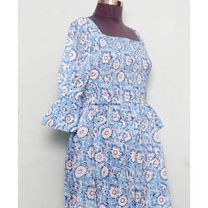 Nuevo Vestido Azul de Verano, Largo, Cuello Cuadrado, Casual, Tejido de Algodón, Mangas Campana, Silueta en A, Estampado Boho, para Fiesta - Product Image 4