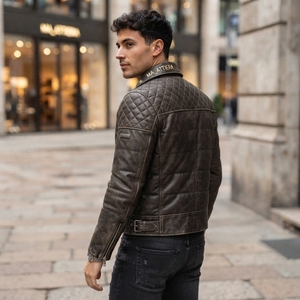 Men Leather Look Padded Biker <b>Jacket</b> Quilted Shoulder Zip Belted Waist <b>Cropped</b> Winter <b>Jacket</b> OEM ODM - Product Image 4