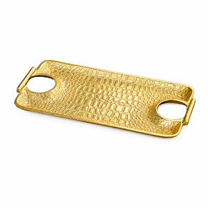 Modern Elegant Luxury <b>Gold</b> <b>Serving</b> <b>Tray</b> with Crocodile Skin Texture Hammered Aluminum Decorative Platter with Handles for Home - Product Image 1