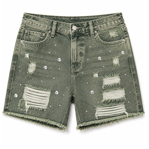 Shorts de Mezclilla con Logotipo Personalizado, Adornados con Pedrería, Estilo Desgastado, con Bolsillos, Corte Holgado, para Verano - Product Image 1