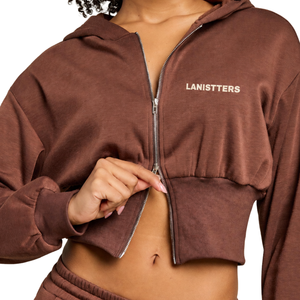 Lanisters Industries Custom Womens <b>Cropped</b> Full <b>Zip</b> Hoodie Fleece Drop Shoulder Sweatshirt Wide Ribbed Waist Long Sleeves - Product Image 3