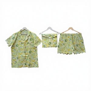 Conjunto Kangura de pijama de algodón hecho a mano con estilo indio, ropa de noche corta Vintage con estampado de bloques de mano para mujer para otoño - Product Image 1