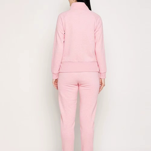 Ensemble de survêtement rose pour femme, manches longues, design uni, sweat-shirt décontracté à demi-zip et pantalon avec poches latérales - Product Image 3