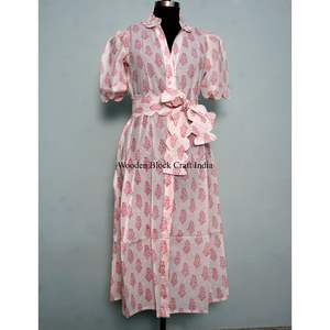 Indian Cotton Floral Block Print Dress Button Down Dress Women's <b>Dressing</b> <b>Gown</b> Casual Dress Print Women short Sleeve <b>Long</b> <b>Length</b> - Product Image 1