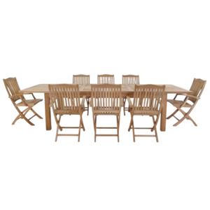 Large brown wooden patio <b>dining</b> set featuring a rectangular table and durable, well-designed folding <b>chairs</b>. - Product Image 2