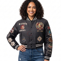 Jaket Varsity Crop Top Wanita dengan Bordir, Aksen Kulit & Wol, Gaya Streetwear, Patch Chenille