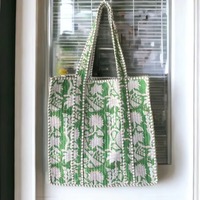 Tas Tote Wanita Hijau Bordir Bunga Vintage Berlapis Kapas Lembut dengan Tali Bahu untuk Perjalanan, Penggunaan Sehari-hari & Pantai