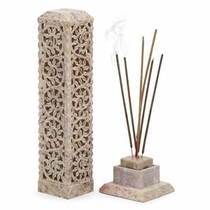 Brûleur d'encens artisanal en pierre savonneuse marbrée, 3x3x11 pouces |   Support artisanal pour Dhoop Batti, bougies et bougies chauffe-plat - Product Image 1