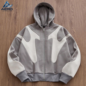 Sweat-shirt à capuche zippé pour homme, design patchwork coupé-cousu, colorblock, fermeture éclair intégrale, en molleton épais - Product Image 1