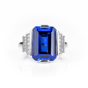 Bague de cocktail de luxe pour femme en argent sterling 925 avec saphir taille émeraude, sertissage pavé géométrique, bijoux fins, cadeau pour elle - Product Image 2