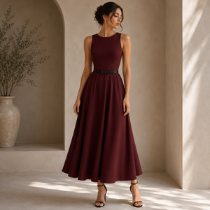 Elegante Vestido Largo Borgoña sin Mangas con Cinturón para Mujer, Cuello Redondo, Línea A, para Fiesta de Noche, Cóctel, Invitada de Boda, Vestido Formal Largo - Product Image 4