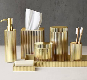 Luxurious satin brass metal bathroom organizer set showcasing subtle mesh micro texture, available at wholesale price - Product Image 5