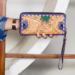 Trending Vintage Style Colorful Floral Cactus Design <b>Women</b> <b>Clutches</b> Tooled Genuine Leather Slim Card Holder Wallet for Daily Use - Product Image 3