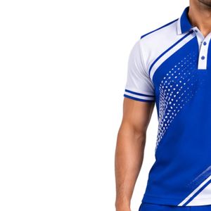 Polo homme bleu et blanc premium avec design de panneaux contrastants dynamiques, broderie de logo personnalisée, vêtements de sport de golf, manches courtes - Product Image 3