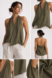 Ensemble coordonné décontracté exclusif pour femmes en coton vert olive, haut à col halter et pantalon beige - Product Image 6