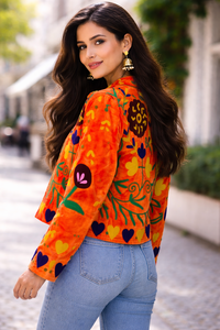 Reversible Quilted Eco-Friendly Breathable Winter Knitted Boho Orange Suzani Velvet Embroidered <b>Mandarin</b> <b>Collar</b> Bomber <b>Jacket</b> - Product Image 3