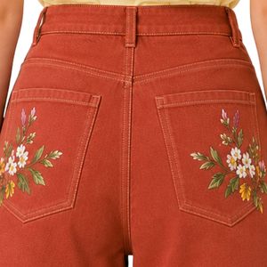 Custom Rust Red Floral Embroidered <b>Women</b> High Waist Denim Shorts Casual Summer Cotton Stretch <b>Jean</b> Shorts Custom Logo Apparel - Product Image 6