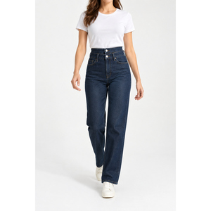 Jeans de Mujer de Cintura Alta y Pierna Recta, Doble Cintura, Color Índigo Oscuro, Diseño con Paneles y Estampado Floral, Talla Grande 6XL, OEM, Verano - Product Image 5
