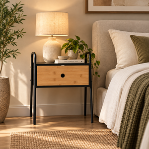 Modern Durable Adjustable Nightstand with 1 <b>Drawer</b> <b>Black</b> Solid Wood Frame Scandinavian Bedroom Furniture Storage Side Table - Product Image 1