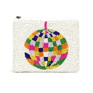 Sac à main rectangulaire en coton brodé, motif floral, design coloré avec perles et boule disco, artisanat - Product Image 3