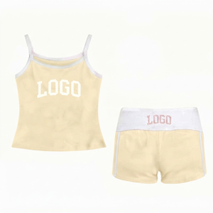 Women's Custom Logo 2-Piece Summer Loungewear <b>Set</b> Ribbed Sleeveless Crop Top Knee-Length Biker Shorts Solid Pattern - Product Image 1