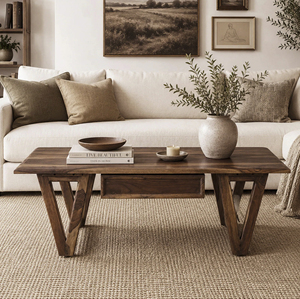 Table basse de salon unique en bois d'acacia massif, finition teck, forme carrée, avec pieds pliants durables et tiroir de rangement. - Product Image 1