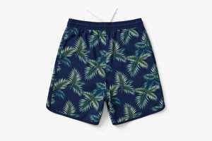 Short de bain décontracté pour homme en toile de polyester respirante, imprimé feuilles de palmier bleu marine, taille mi-haute avec cordon de serrage - Product Image 3