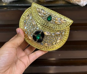 Fashion Women's Evening Clutch Shoulder HandBag Indian-style handbag Kundan Metal Clutch bags with stones and metal sling chain - Product Image 5