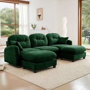 Divano Componibile a U in Tessuto Chenille Premium con Pouf, Schiuma ad Alta Densità, Trapuntato con 2 Cuscini Decorativi per Soggiorno - Product Image 2